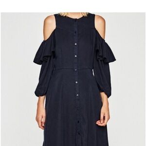Zara Dark Denim Cold Shoulder Ruffle Dress